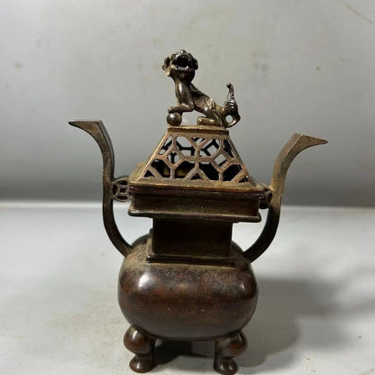 Vintage Hollow Incense Burner Antique Bronze Dog Top Censer Zen Desktop Ornament