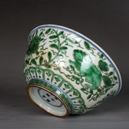 7.8" Chinese Porcelain Green Glaze Hand Painting Lotus Flower Pixiu Green Bowl