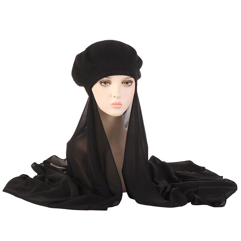 Womens Beret Hat Chiffon Scarf Instant Hijab Shawls Wrap Headsacrf Bandana Caps↖