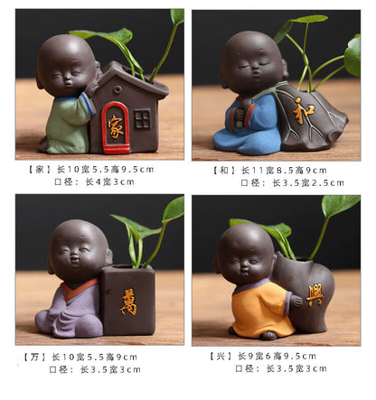 Chinese Family Yixing Purple Clay Monk Tea Pet Vase House Decor Kung Fu Tea Set