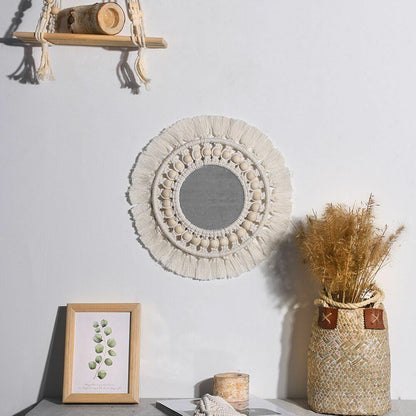 Wall Mirrors Macrame Boho Handmade Round Aesthetic Home Decor Glass Cotton 25cm