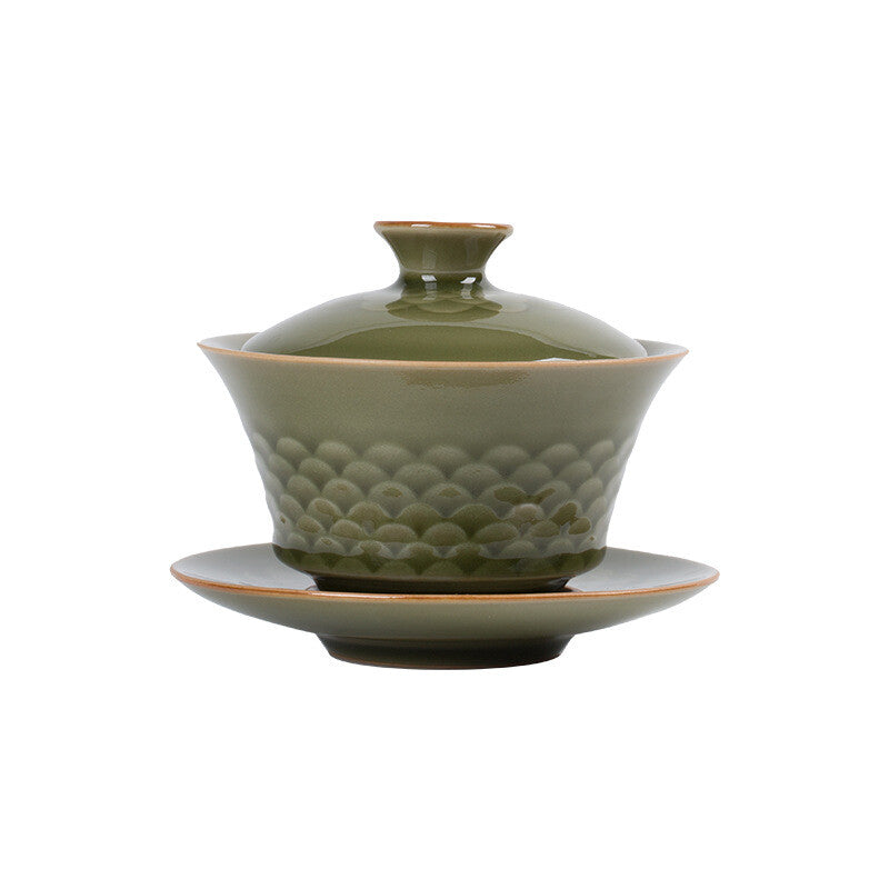 Modern Longquan Celadon Porcelain Gaiwan Chinese Tureen Covered Bowl Saucer Lid