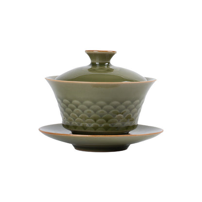 Modern Longquan Celadon Porcelain Gaiwan Chinese Tureen Covered Bowl Saucer Lid