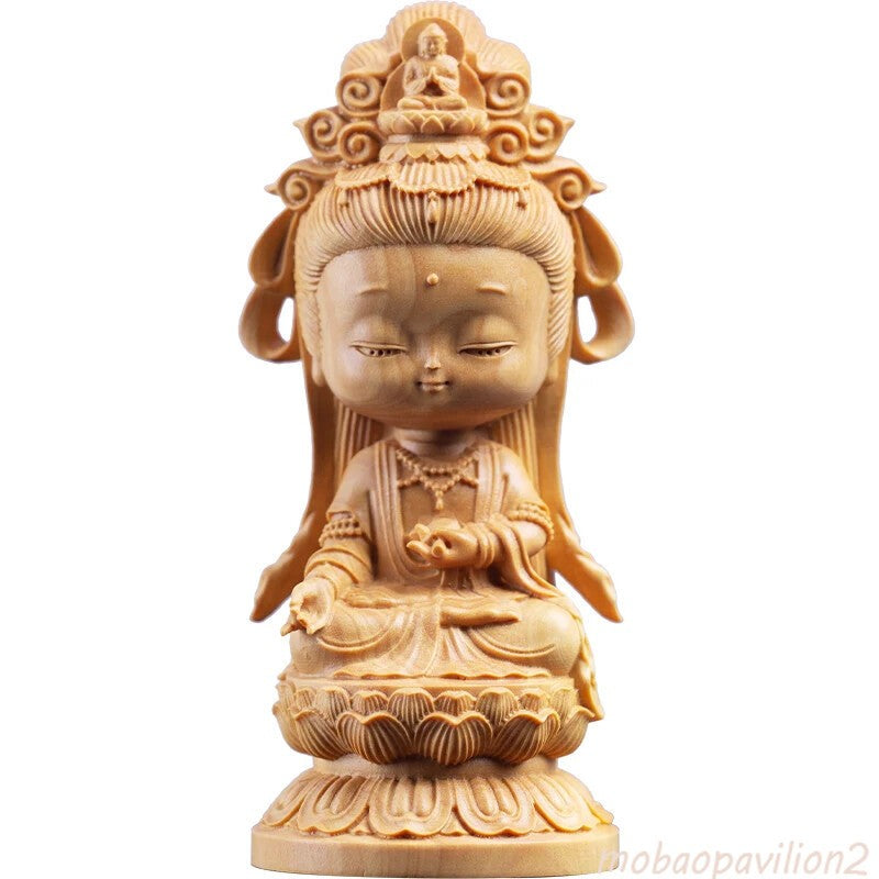 New Woodcarving Guanyin Cartoon Statue Hand Carving Solid Wood Buddhist Statue