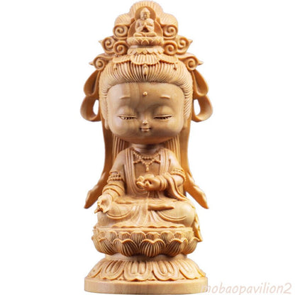 New Woodcarving Guanyin Cartoon Statue Hand Carving Solid Wood Buddhist Statue