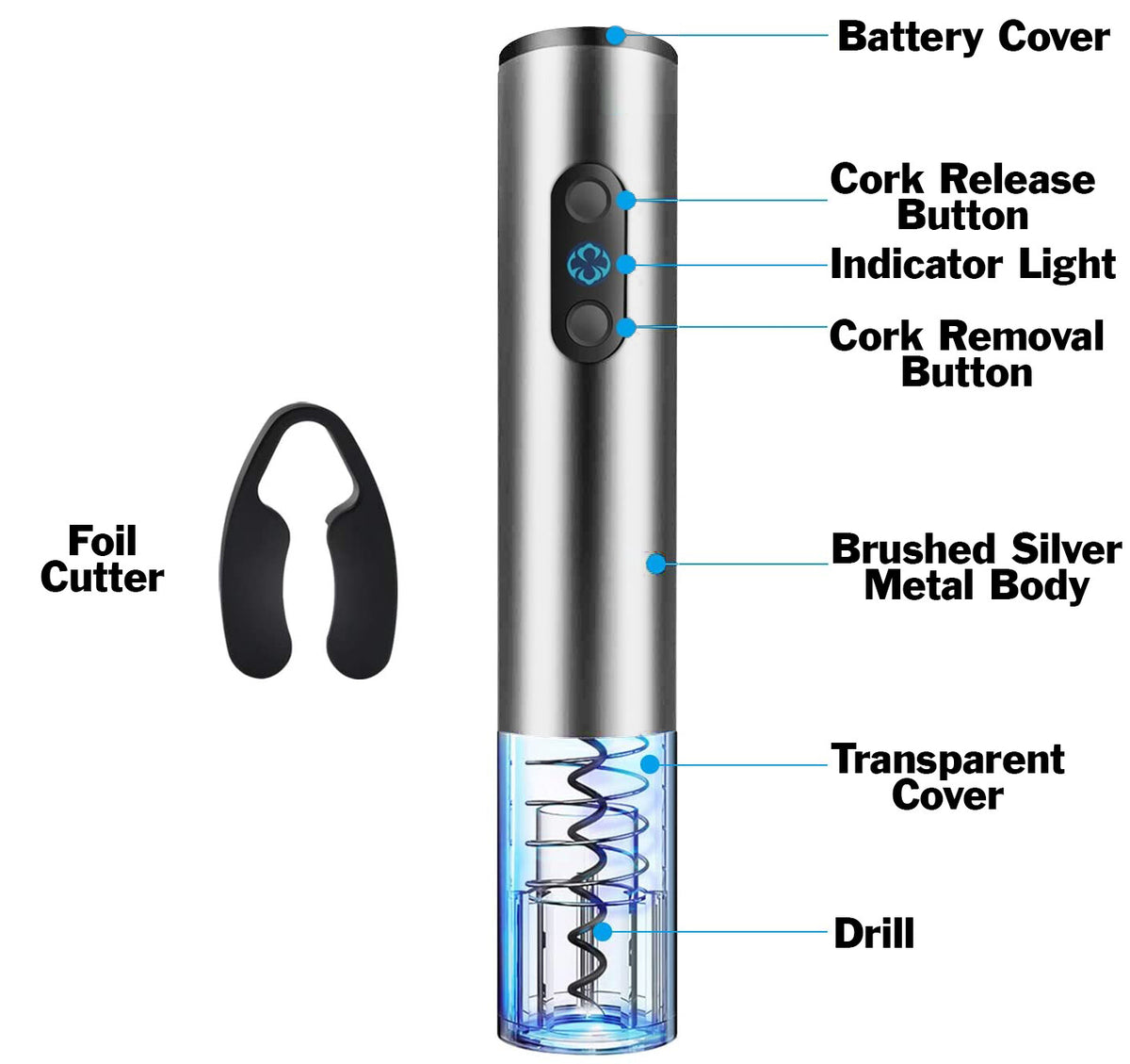 Electric Wine Bottle Opener, Automatic Corkscrew with Foil Remover (Silver)