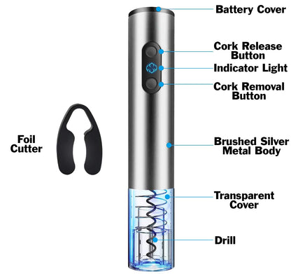Electric Wine Bottle Opener, Automatic Corkscrew with Foil Remover (Silver)