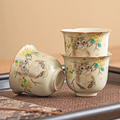 40ml Chinese Ceramic Ru Kiln Cute Cat Teacup Kung Fu Tea Set Master Cup