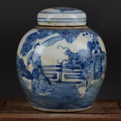 6.3" Chinese Blue and White Porcelain Jar Qing Kylin Kid Design Pot Tea Caddy