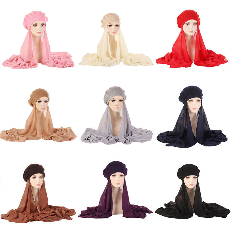 Womens Beret Hat Chiffon Scarf Instant Hijab Shawls Wrap Headsacrf Bandana Caps↖