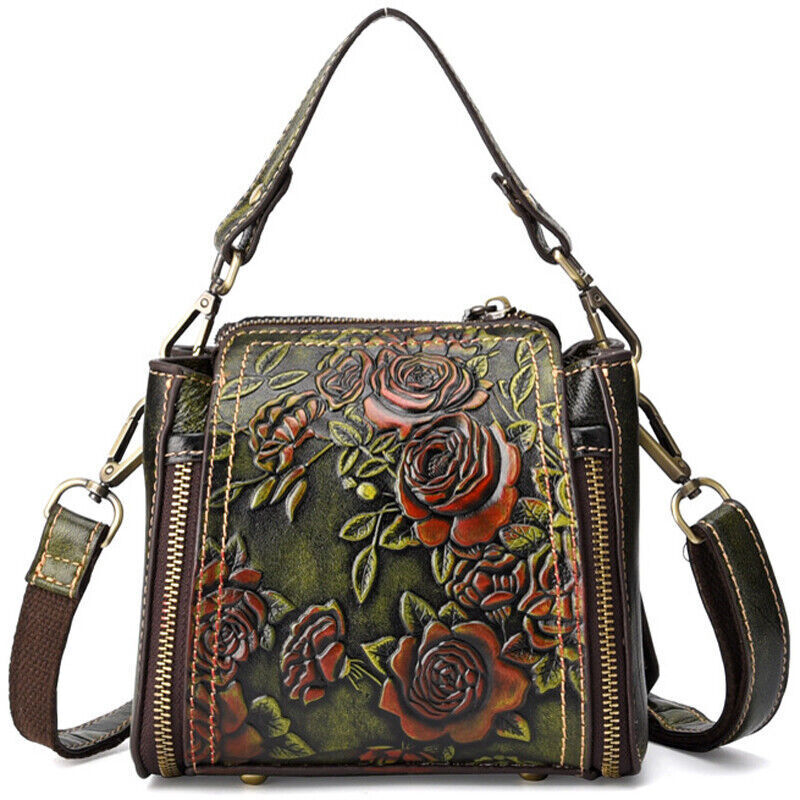 Genuine Leather Floral Embroidered Vintage Handbag Women's Tote Shoulder Bags