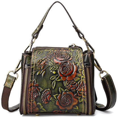 Genuine Leather Floral Embroidered Vintage Handbag Women's Tote Shoulder Bags