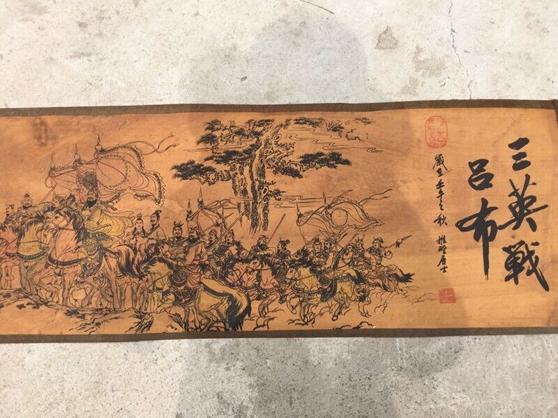 Chinese Old Three British War Lu Bu Paper Cloth Painting Scroll Mural Collected