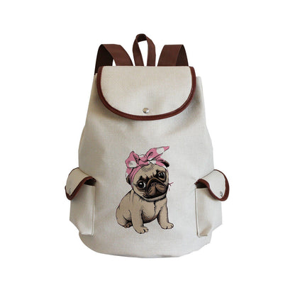 Dog Paw Print Backpack Drawstring Bags Linen Students Portable Cute Pug Printed