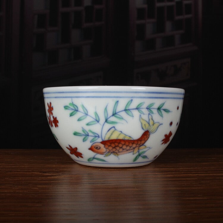 3.1" China Ming Blue White Doucai Contrasting Colors Porcelain Fish Algae Cup