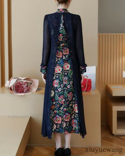 Elegant retro womens floral Ethnic style Slim qipao cheongsam long sleeve dress