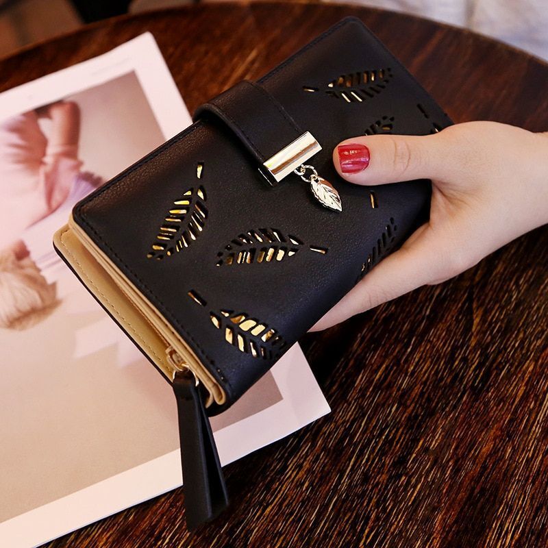 Fashion Hollow Leaf Wallet Casual Leather Pouch Zipper Card Bag Clutch Polyester