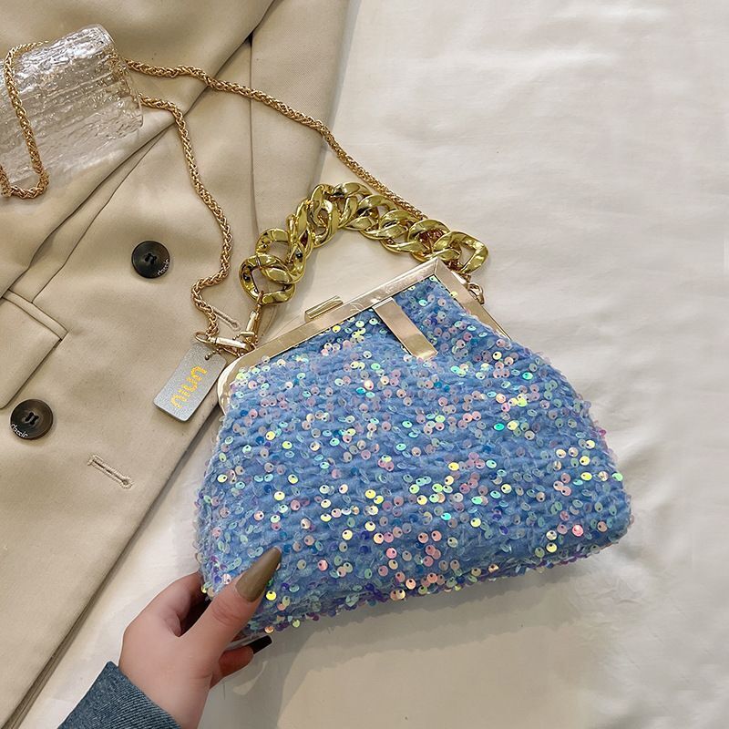 Sequin Shoulder Messenger Bag Buckle Handbag Thick Chain Polyester Purse Hasps
