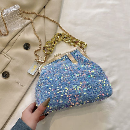 Sequin Shoulder Messenger Bag Buckle Handbag Thick Chain Polyester Purse Hasps