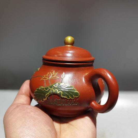 Chinese Yixing Zisha Clay Handmade Exquisite Teapot （描金容天壶 底款：顾景舟 )