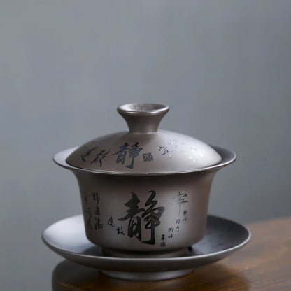 Yixing Purple Clay Gaiwan Handpainted Teacup Handmade Chinese Teaware Drinkware