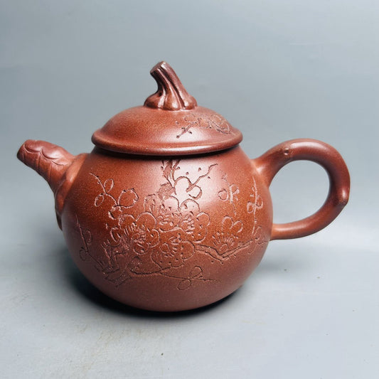 Vintage Chinese Yixing Purple Clay Teapot Zisha Ceramic Carving Plum Blossom Art