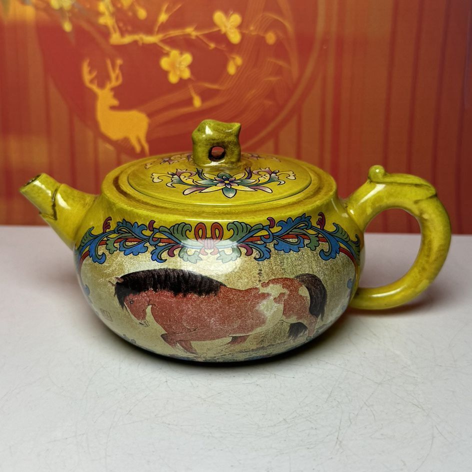 Vintage China Yixing Purple Clay Teapot Zisha Ceremony Enamel Animal Tea Set Art