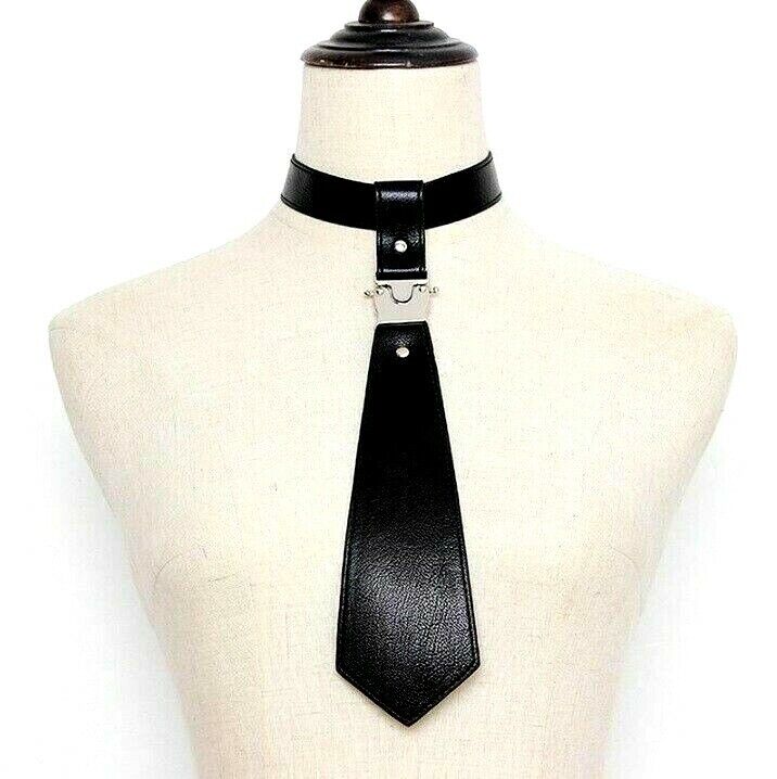 Women Cool Neck Tie Leather Black Metal Split Joint Fashion Tide All-Matches Tie