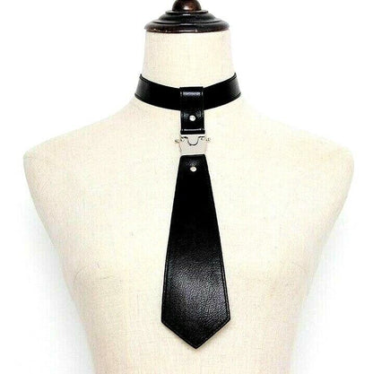 Women Cool Neck Tie Leather Black Metal Split Joint Fashion Tide All-Matches Tie