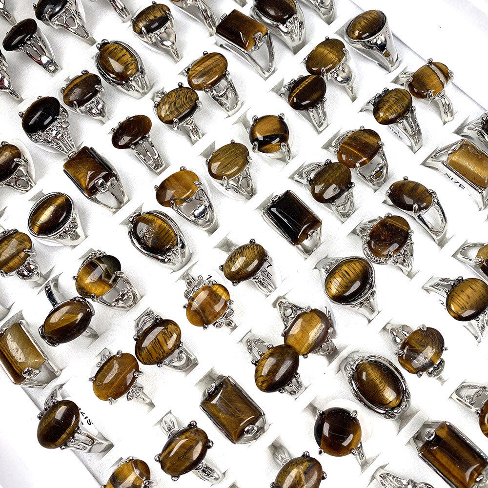 Wholesale Jewelry 20Pcs Natural Tiger Eye Stone Gemstone Silver Plated Rings
