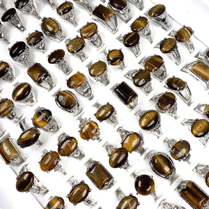 Wholesale Jewelry 20Pcs Natural Tiger Eye Stone Gemstone Silver Plated Rings