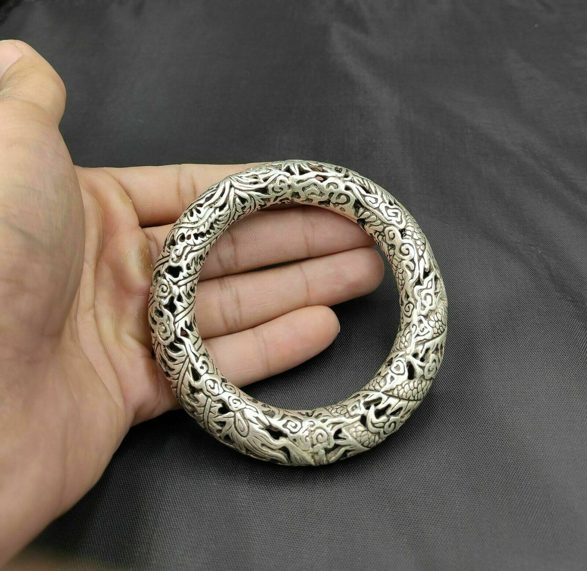 Rare Tibet Silver Carved DRAGON Men's Bracelet Bangle