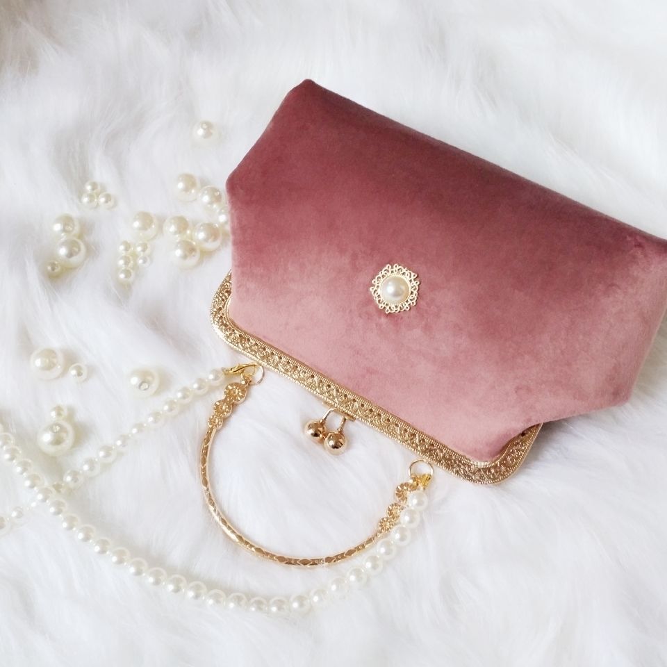 Beads Chain Bag 2 Straps Vintage Metal Shell Purse Velvet Shoulder Bag 20*14*6CM