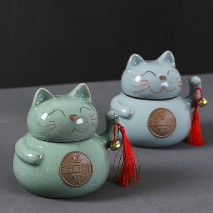 Ceramic Lucky Cat Tea Caddy Sealed Cans Food Container Candy Snacks Storage Tank