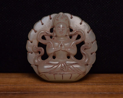 Chinese Natural Hetian Jade Carving Kuan Yin Statue Lucky Jade Pendant Amulets