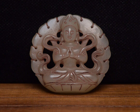 Chinese Natural Hetian Jade Carving Kuan Yin Statue Lucky Jade Pendant Amulets