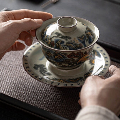 150ml handmade gaiwan crackle glaze porcelain tureen handpainted bowl saucer lid