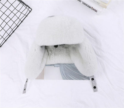 Women Winter Hat 100% Real Rabbit Fur Russian Winter Thick Warm Ears Bomber Caps