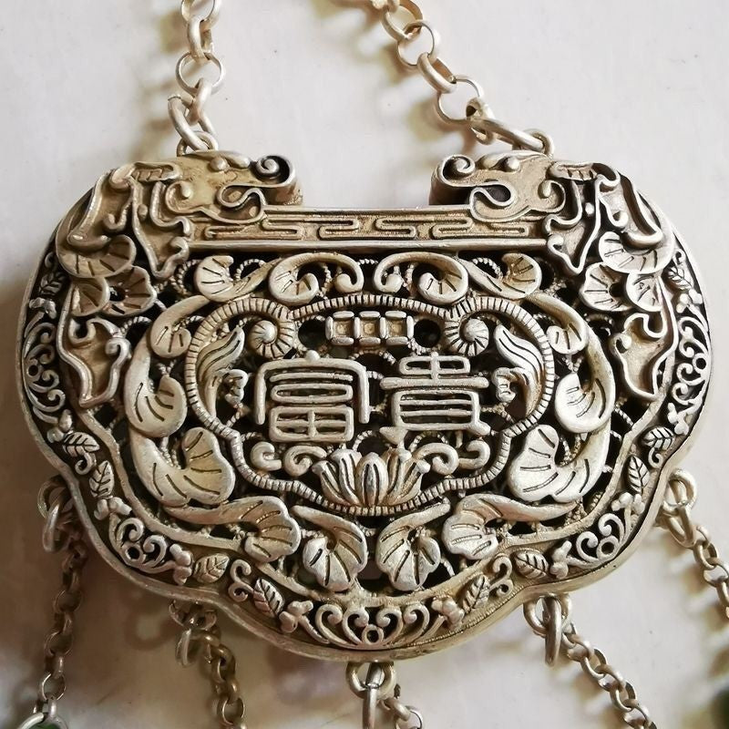 Vintage Hollow Silver Lock Pendant Wealth Pattern Double Sided Antique Jewelry
