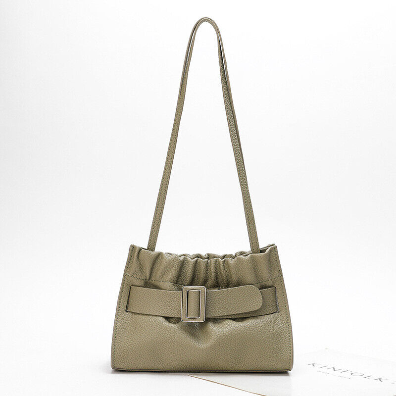 Real Leather Oversize Buckle Scrunchy Ruched Clutch Shoulder bag Crossbody Purse