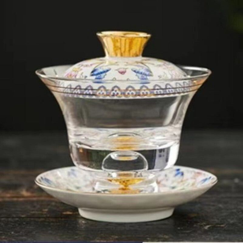Tea Bowl Thickened Glass Tureen Tea Cover Bowl Lid Sancai Gaiwan Hand Painted