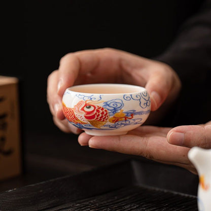Handmade White Jade Porcelain Koi Fish Teacup 80ml Chinese Gongfu Cup