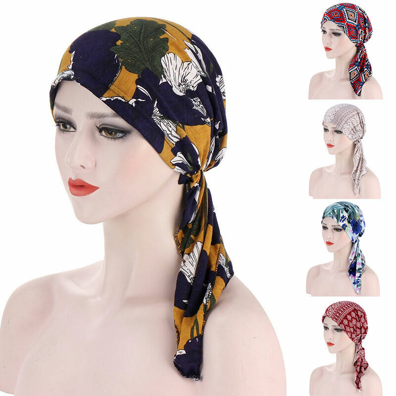 Women's Cancer Hat Chemo Cap Muslim Flower Print HeadWrap Long Head Scarf Turban