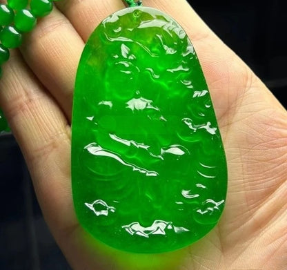 Natural Burmese Jade Imperial Green Dragon Guanyin Pendant Necklace Carving