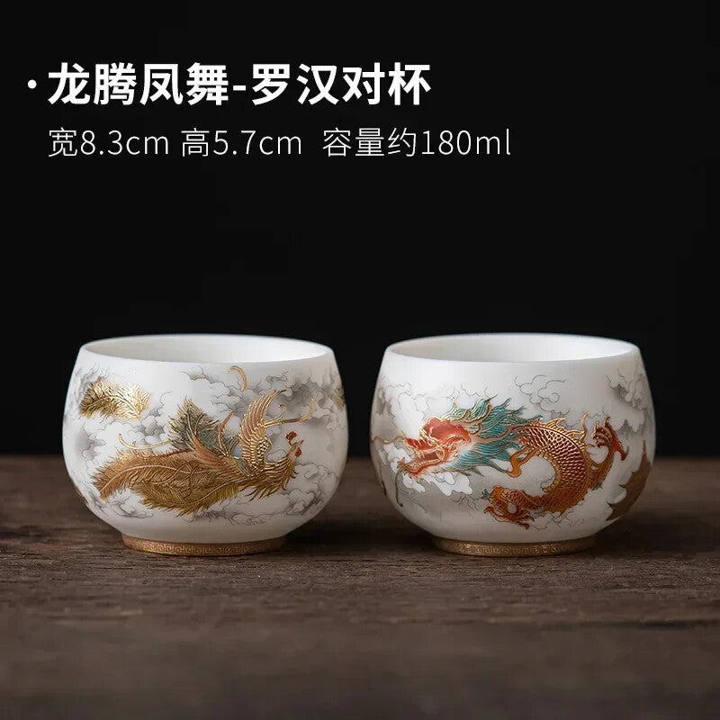 Sheep Fat Jade Porcelain Tea Set Cup Dragon and Phoenix Pairs Cup Tea Set