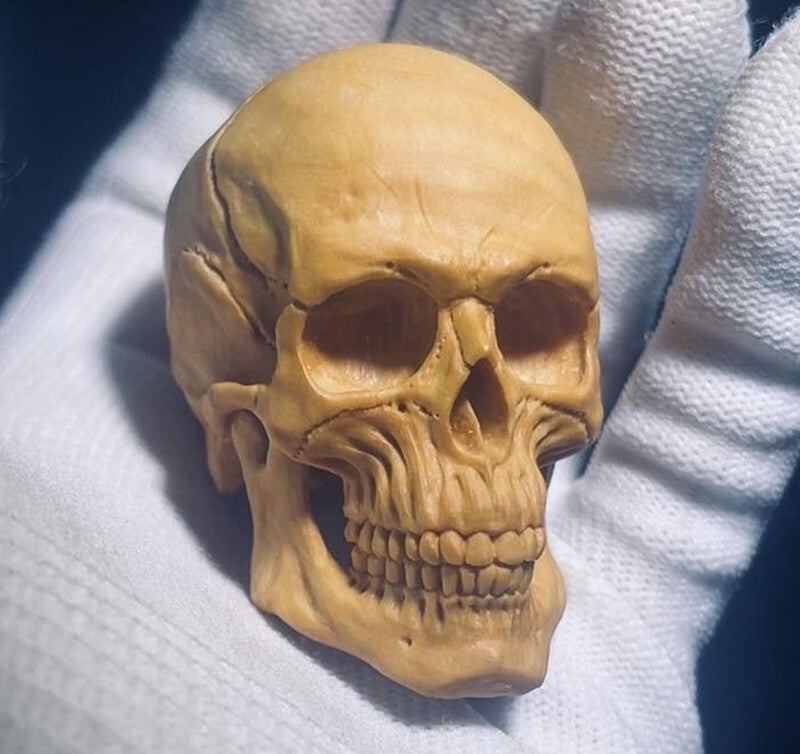 Boxwood Carved Skull Statue Hand Carving Wooden Art Sculpture Decor