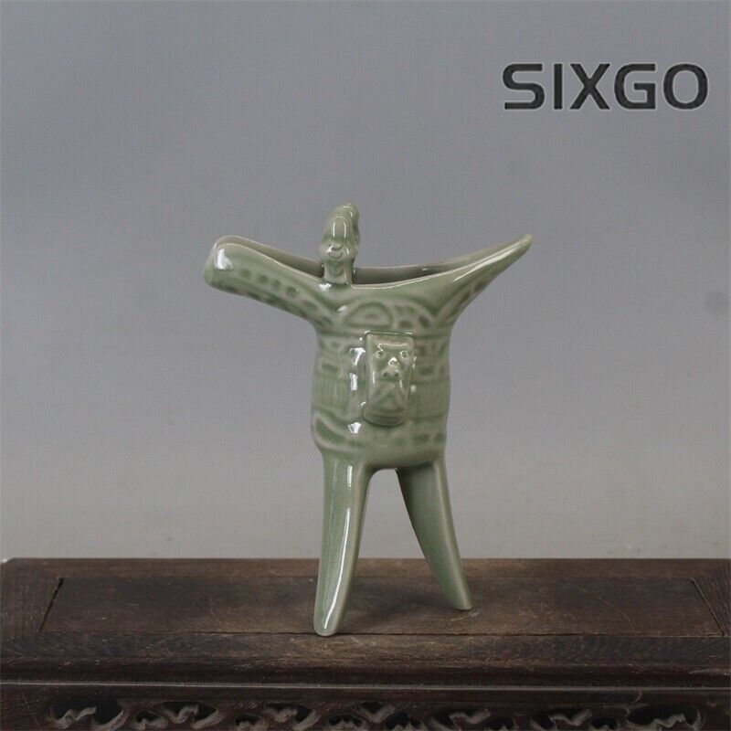 5.3" Collection Chinese Song Porcelain Yaozhou Kiln Green Glaze Three Foot Cup
