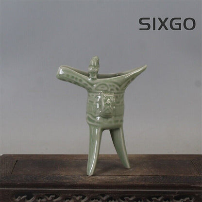 5.3" Collection Chinese Song Porcelain Yaozhou Kiln Green Glaze Three Foot Cup