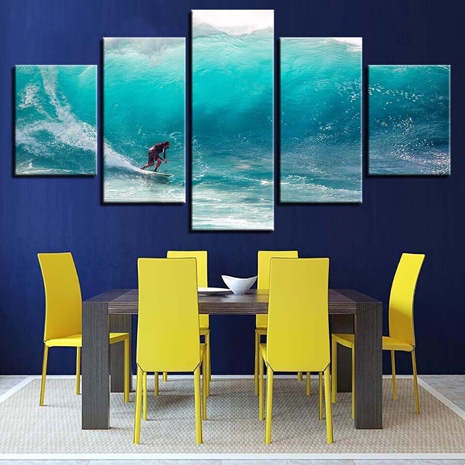 Man Surfing Blue Ocean Sea Waves Canvas Prints Painting Wall Art Home Decor 5PCS