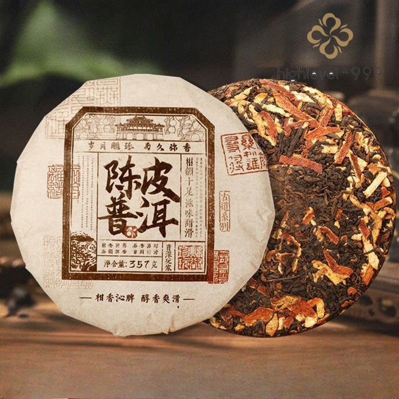 357g Dry Stored Chenpi Ripe Puer Tea Cake Menghai Yunnan Mountain Grown Tea